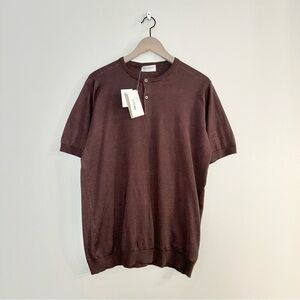 NWT John Smedley Sea Island Cotton Bennett Brown Short Sleeve Henley T Shirt